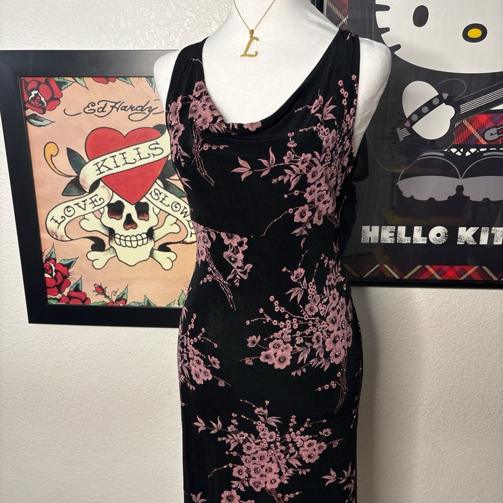 Charlotte Russe Black Pink Glitter Floral Dress Y2K Whimsygoth - Picture 2 of 8